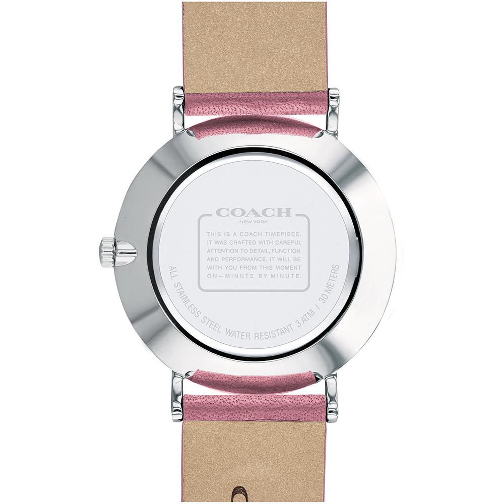 Coach Perry watch caseback showing engraved Coach branding and water resistance specifications