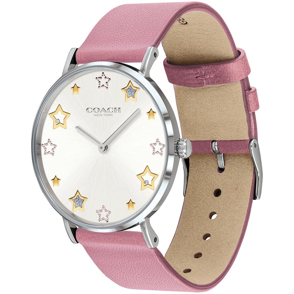 Coach Perry watch side view displaying silver case, white dial, and pink leather strap with tan backing