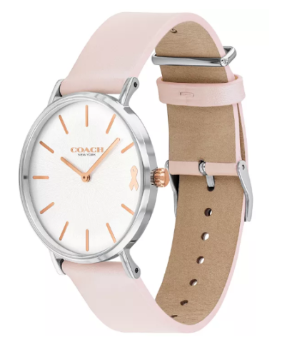 Coach Perry watch showing pink leather strap detail and case side view