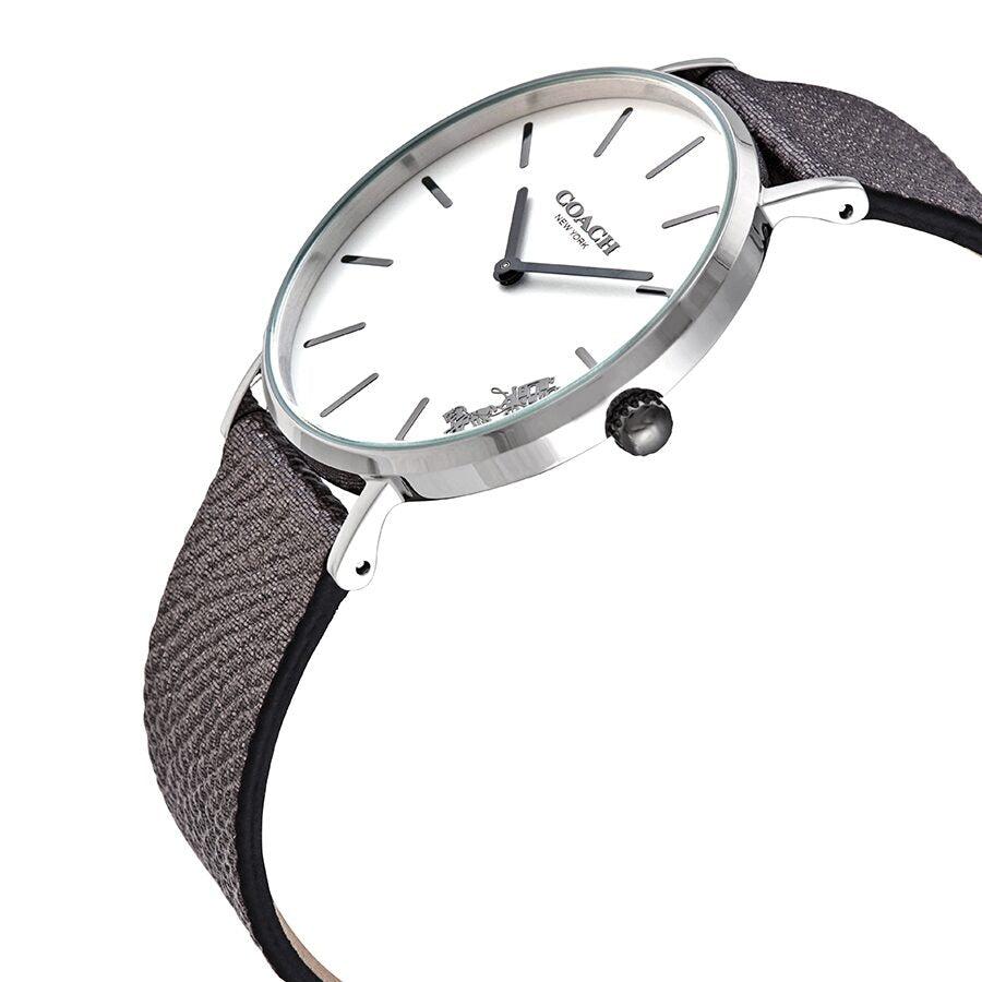 Coach Perry watch angled side view showing grey textile strap and silver case