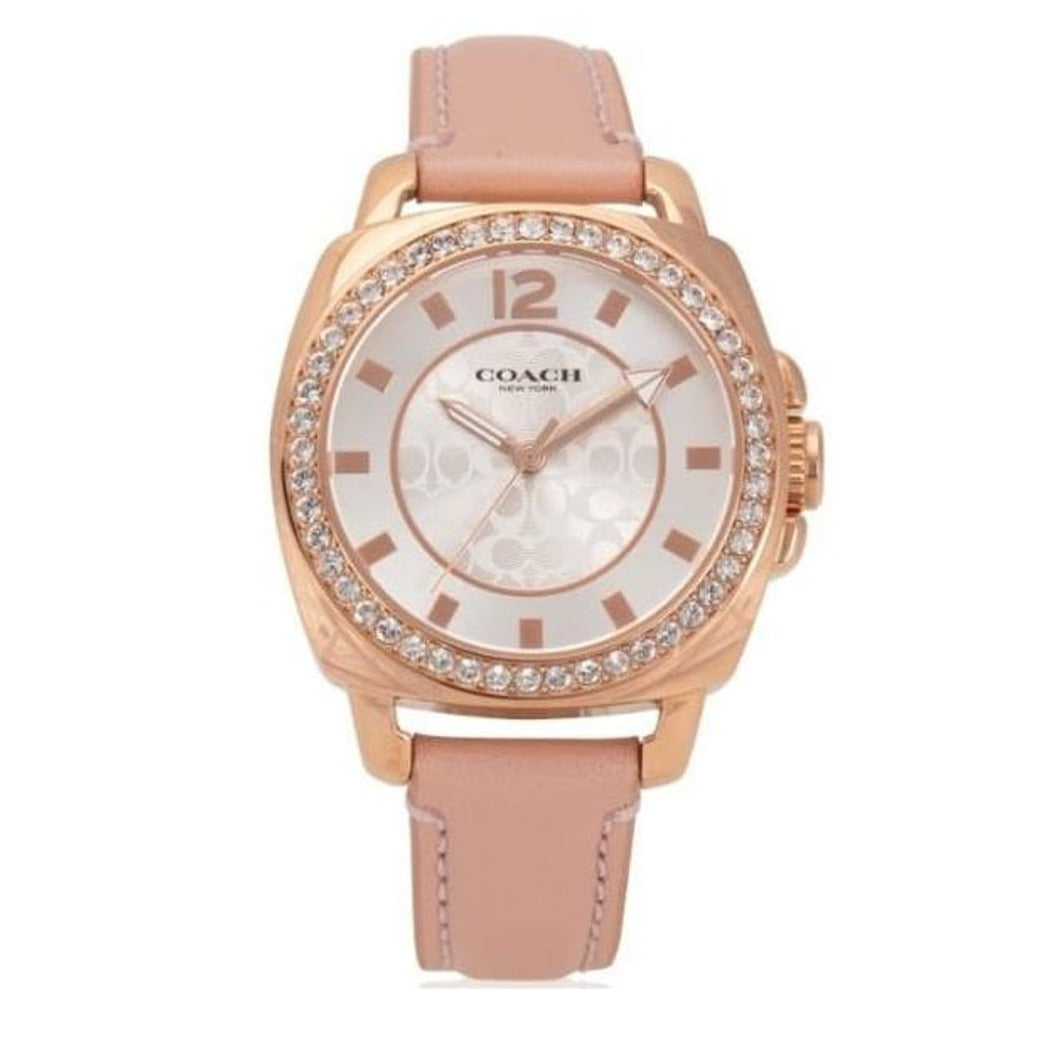 Coach women's watch with rose gold case, pink leather strap, and crystal-embellished bezel