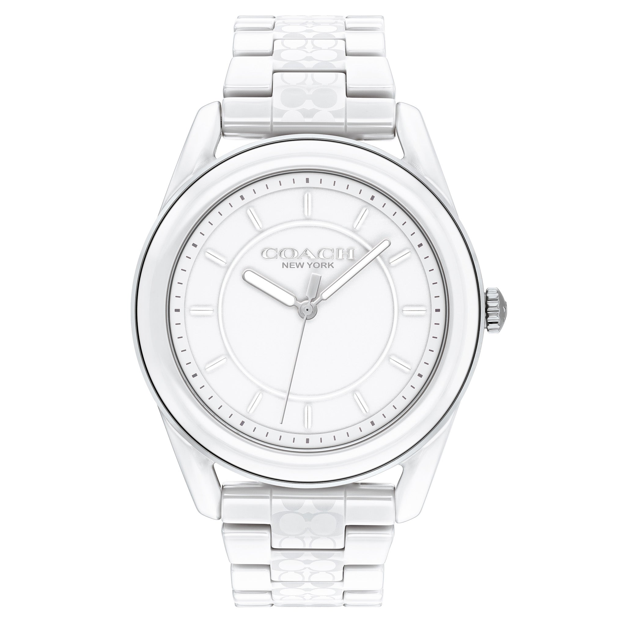 Coach Preston white ceramic bracelet watch with white dial and Roman numeral markers