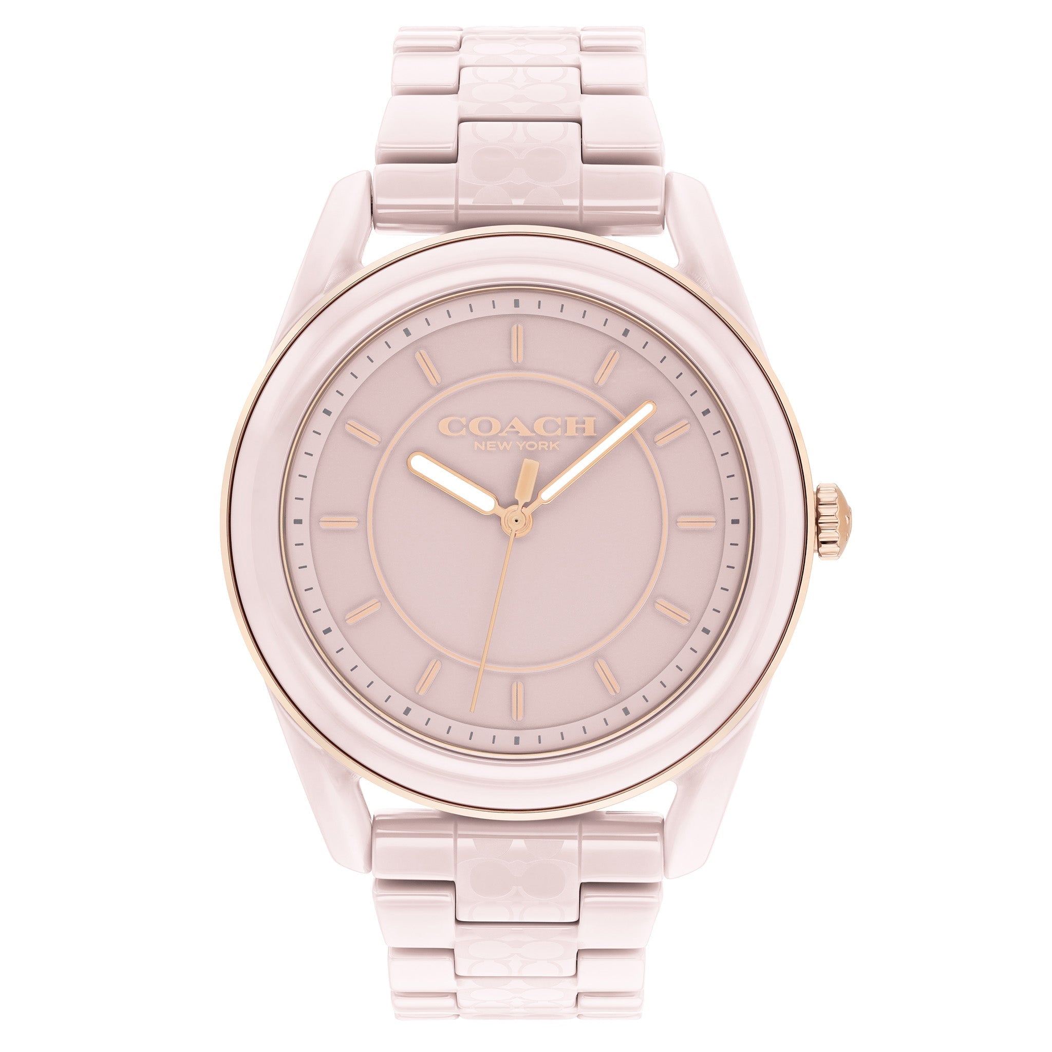 Coach Preston blush ceramic women's watch with rose gold hands and hour markers