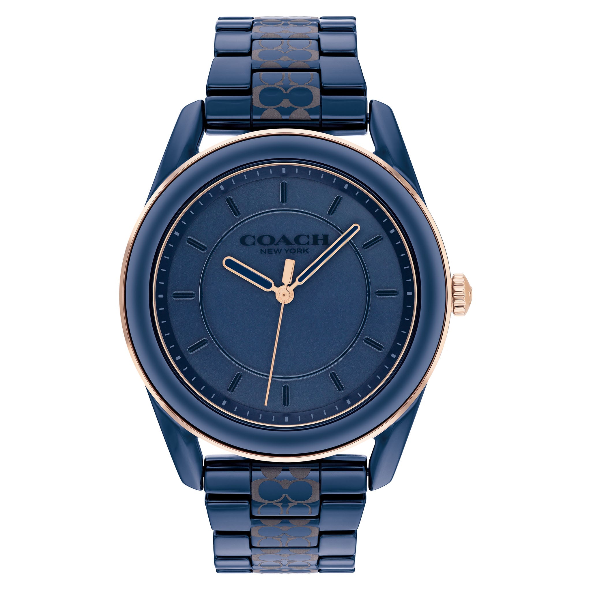 Coach Preston navy ceramic women's watch with blue dial and rose gold accents