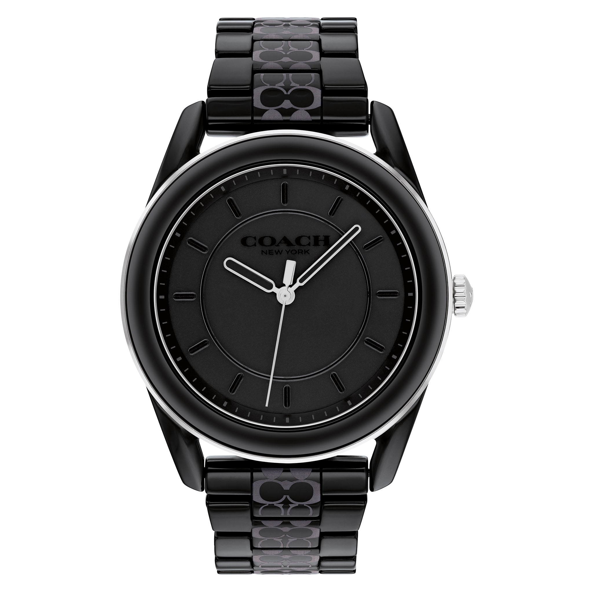 Coach Preston black ceramic women's watch with round dial and link bracelet