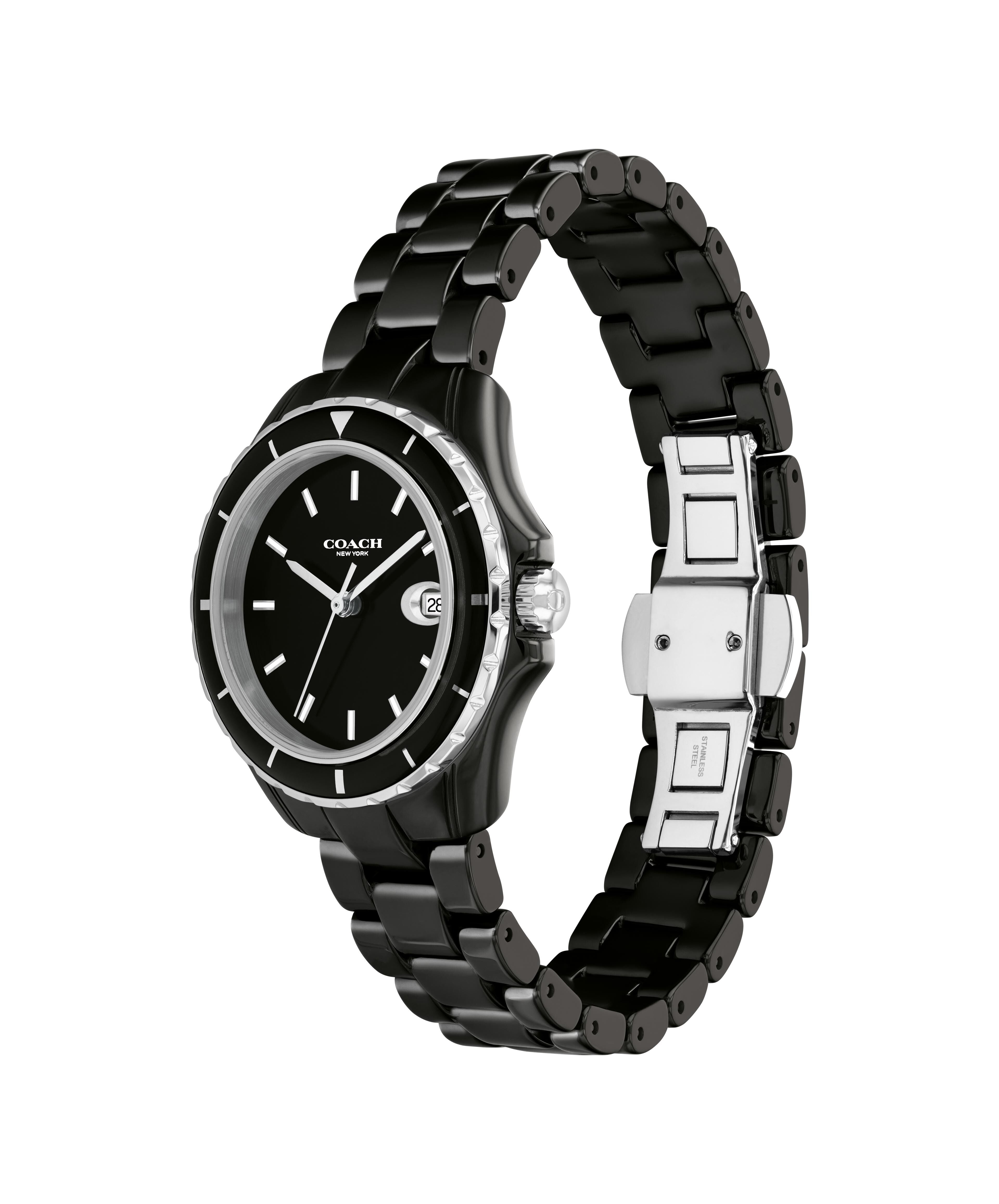 Coach Preston ladies watch side profile showing black steel bracelet with silver clasp