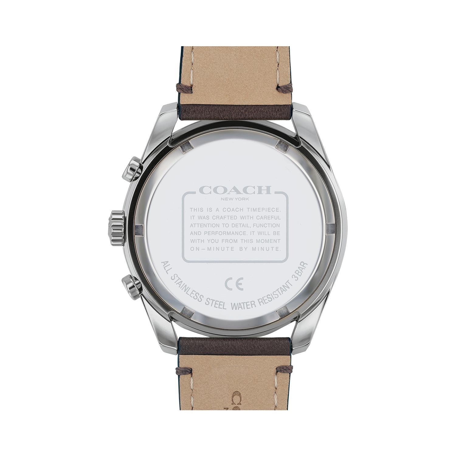 Coach Preston watch caseback showing stainless steel with engraved Coach branding and specifications
