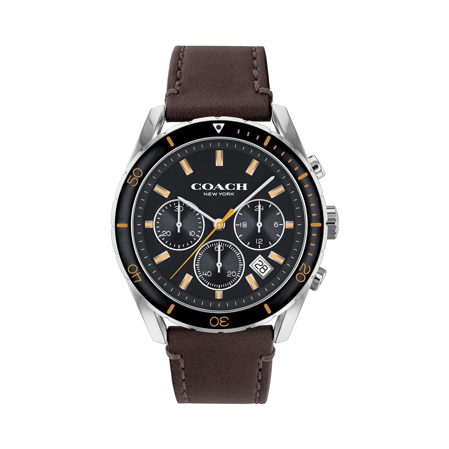 Coach Preston men's chronograph watch with black dial, brown leather strap and silver case