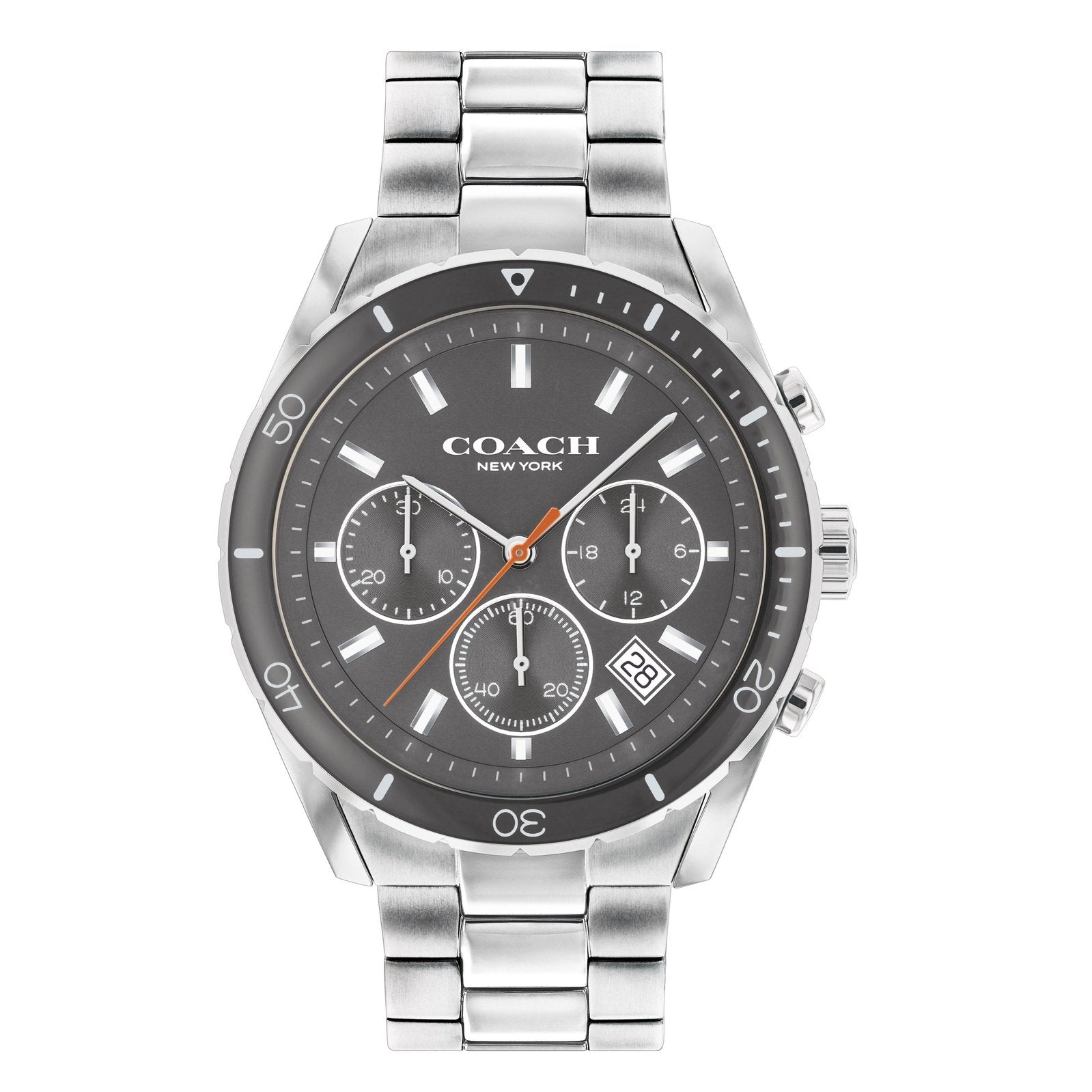 Coach Preston chronograph men's watch with silver bracelet and black dial