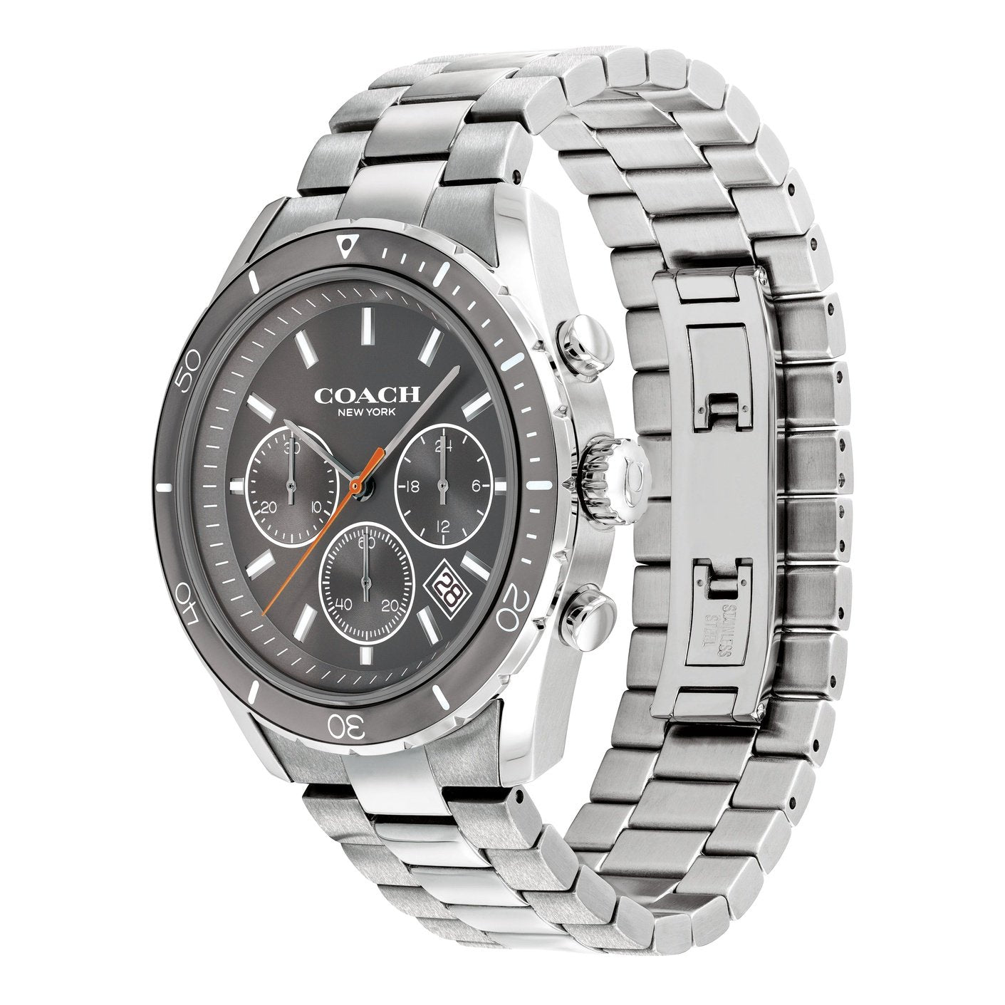 Coach Preston chronograph watch showing angle view of silver bracelet and three subdials