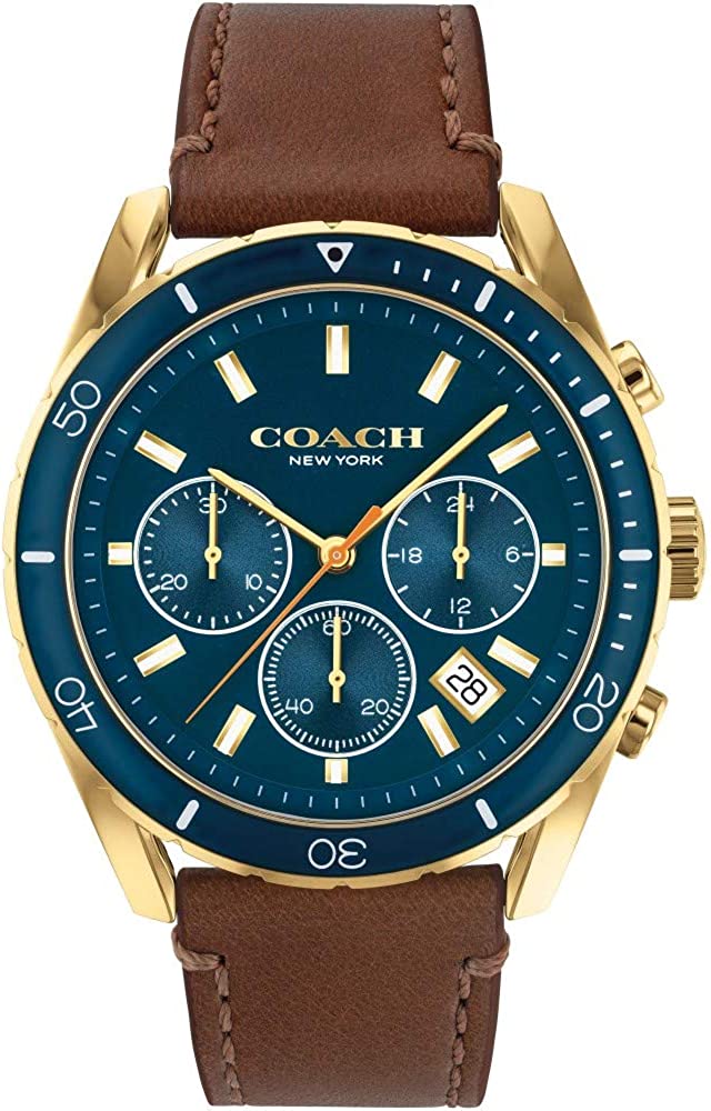 Coach Preston navy chronograph men's watch with gold-tone case and brown leather strap