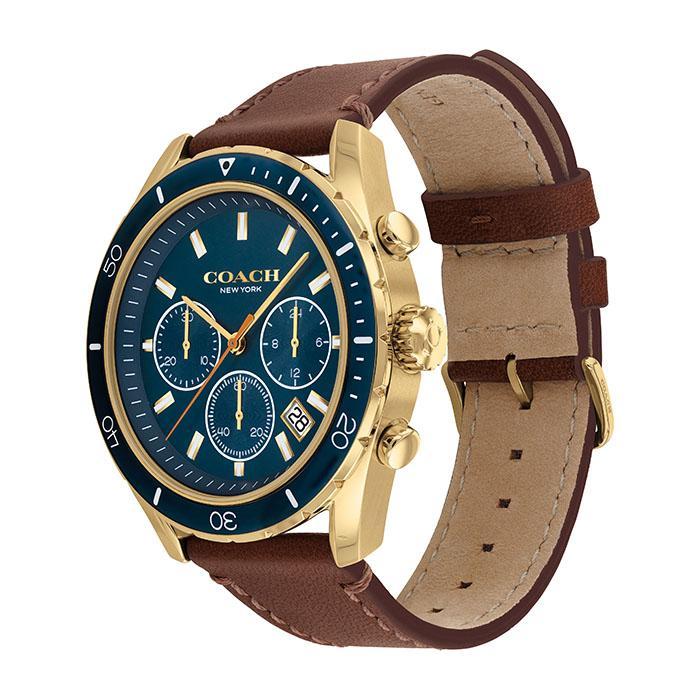 Side view of Coach Preston watch showing navy dial and brown leather strap