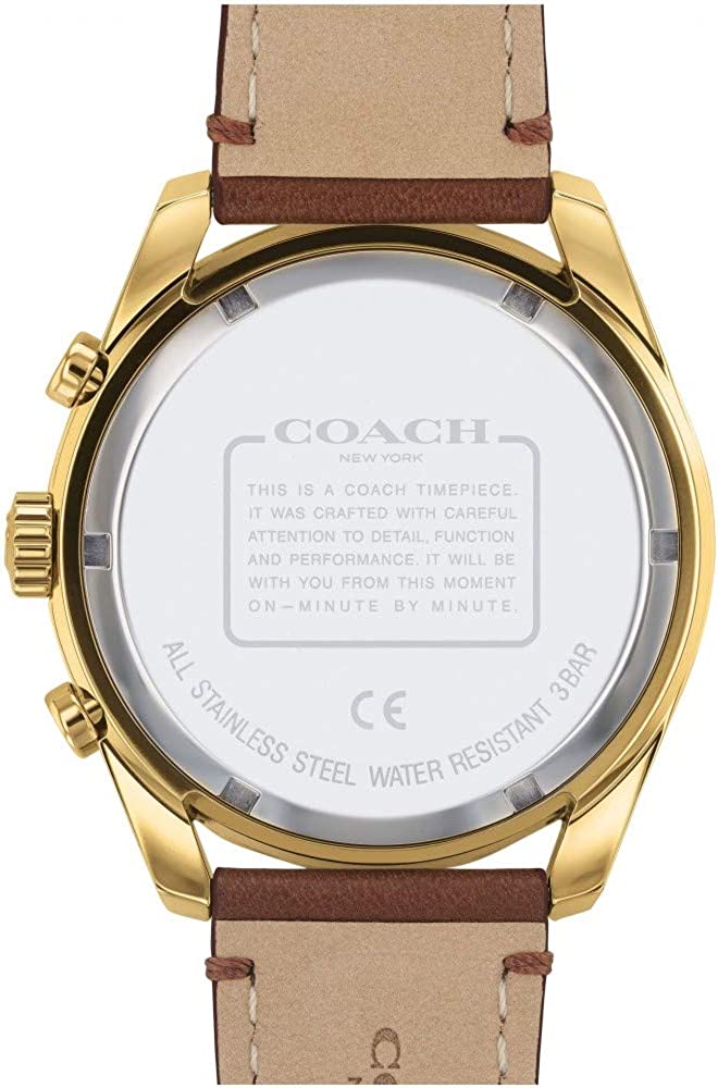 Coach Preston watch caseback displaying stainless steel engraved text and water resistance