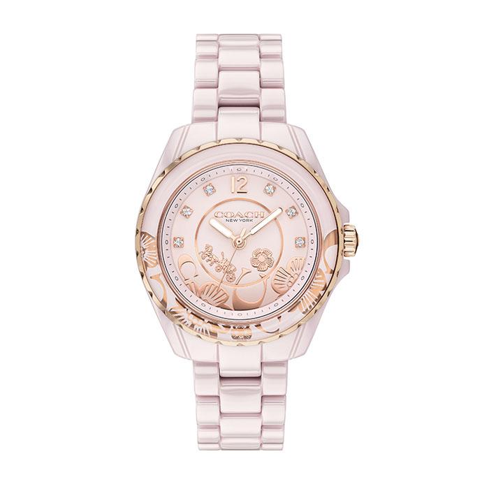 Coach Preston pink women's watch with rose gold case, crystal bezel, and pink ceramic bracelet