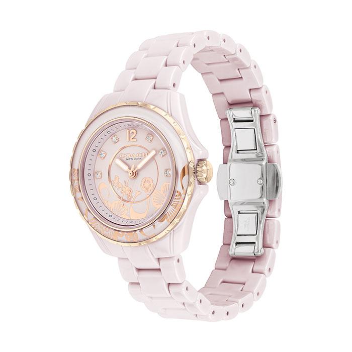 Coach Preston watch side view showing pink ceramic bracelet and rose gold crown
