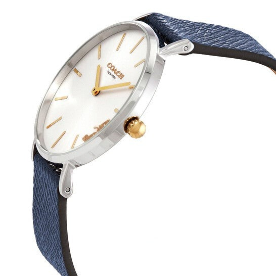 Side angle view of Coach ladies watch showing case and navy leather band