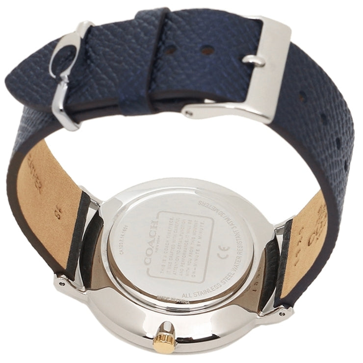 Coach watch caseback showing stainless steel back and leather strap construction