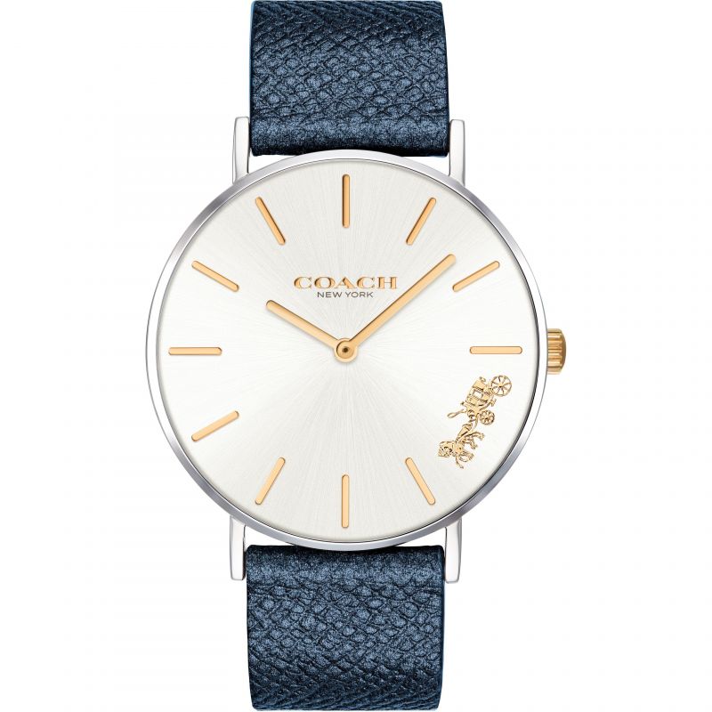 Coach silver dial quartz ladies watch with gold indices and navy leather strap