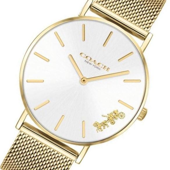 Coach ladies watch angled view showing silver dial with gold-tone hands and mesh strap detail