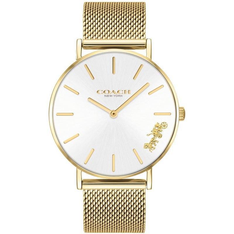 Coach quartz ladies watch with silver dial, gold-tone mesh strap, and gold hour markers