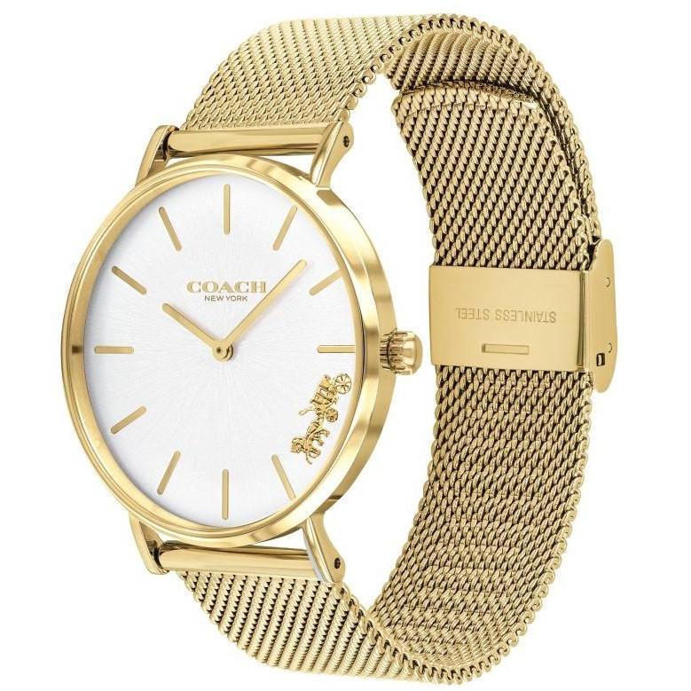 Coach quartz ladies watch on wrist with gold-tone mesh band and silver dial