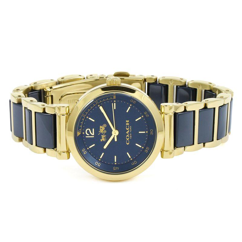 Side angle view of Coach Sport Ceramic women's watch showing navy ceramic links and gold-tone case