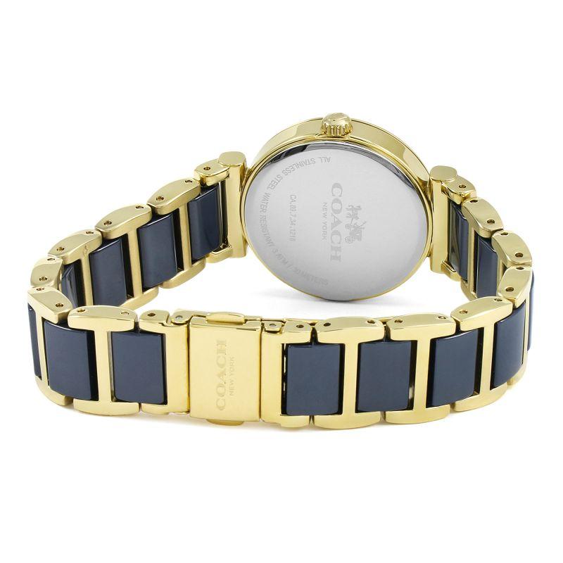 Back caseback view of Coach Sport Ceramic women's watch with gold-tone case and metal back