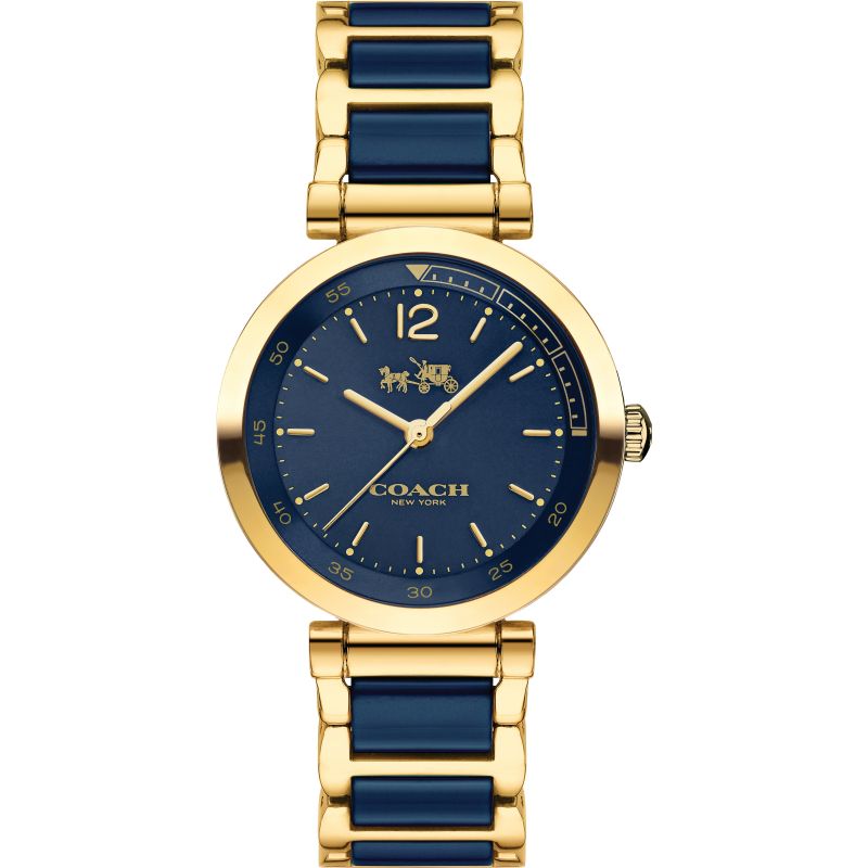 Coach Sport Ceramic women's watch with gold case, navy dial, and gold and navy link bracelet