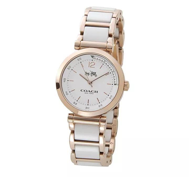 Coach Sport women's watch with rose gold case and white ceramic bracelet, white dial with Coach logo