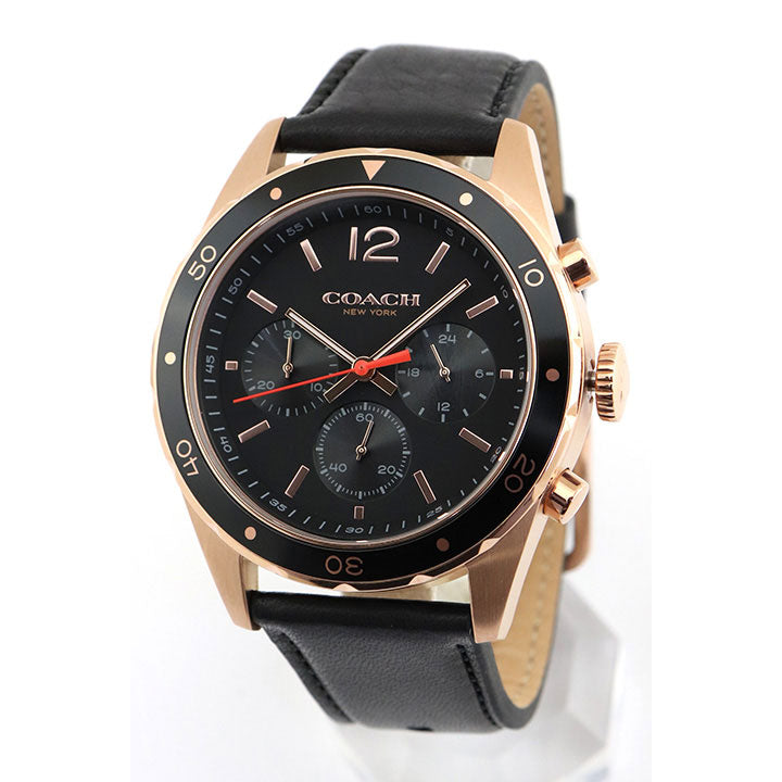 Coach Sullivan men's chronograph watch at angle showing rose gold case and black leather strap