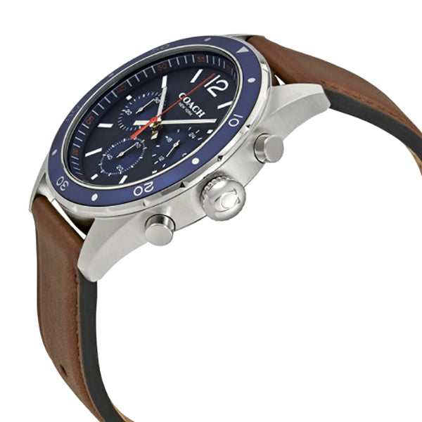 Coach Sullivan chronograph watch shown at angle with blue bezel and brown leather strap