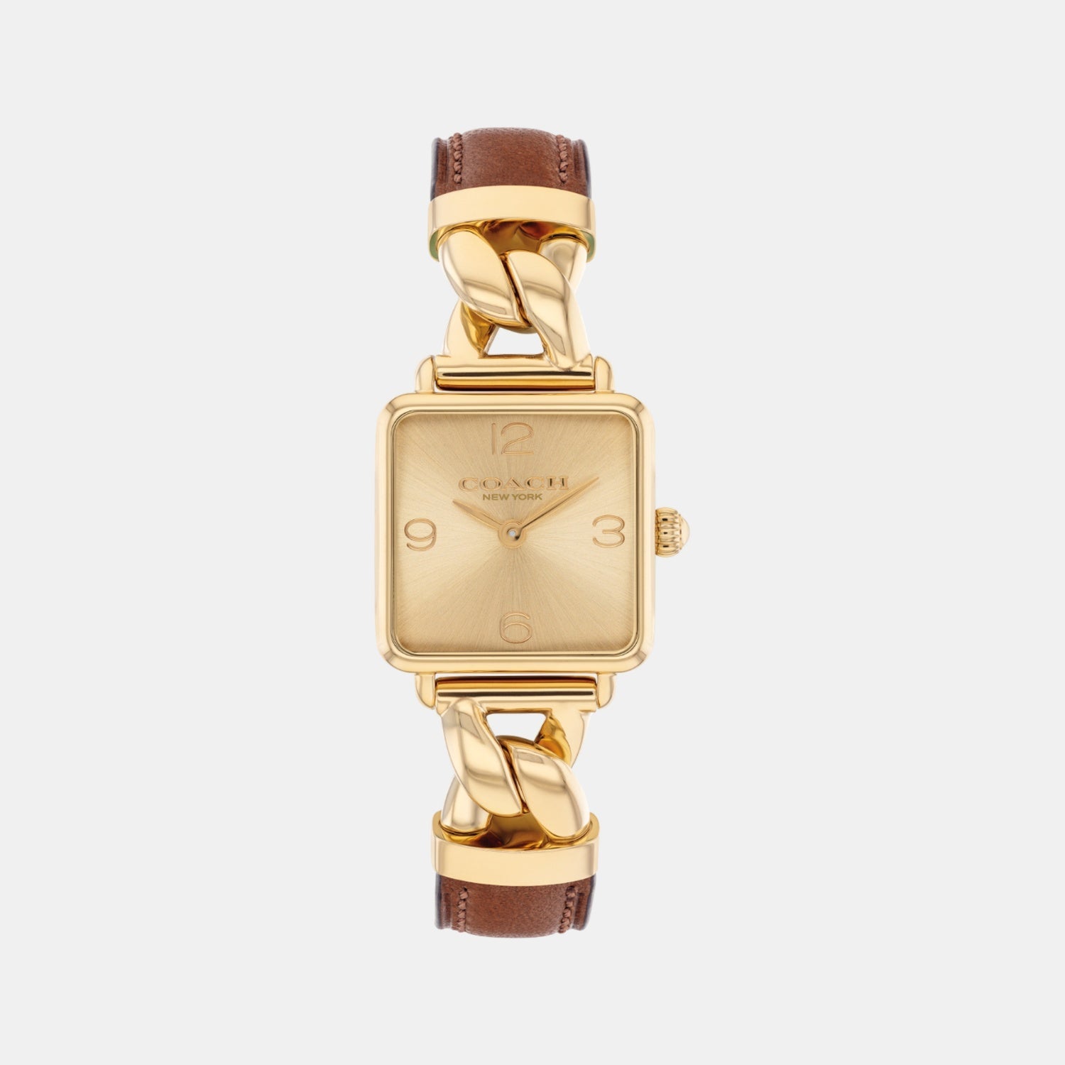 Coach Sunray Dial Stainless Steel Ladies Watch with gold-tone case and brown leather strap