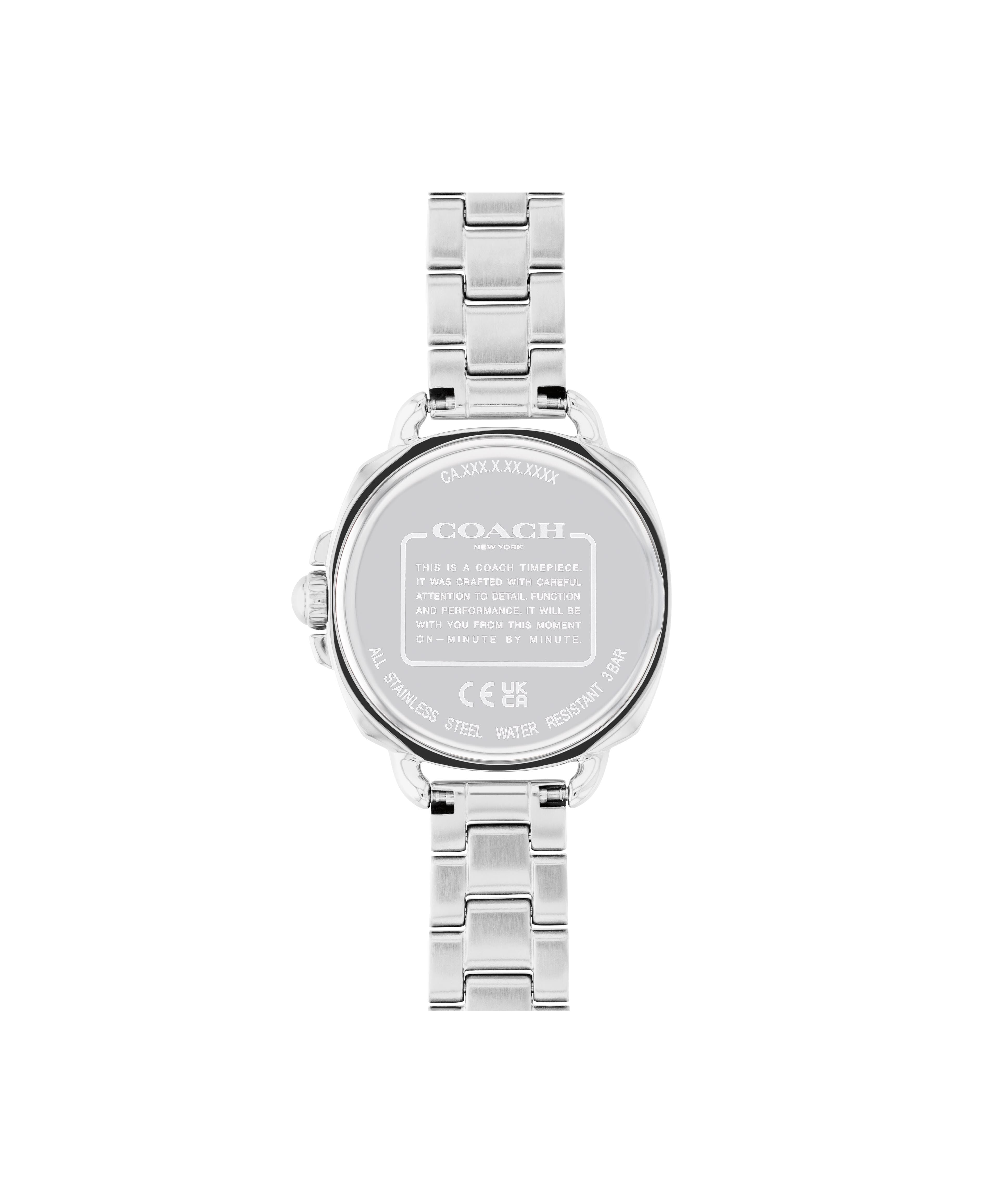 Coach Tatum women's watch caseback showing stainless steel and manufacturer branding