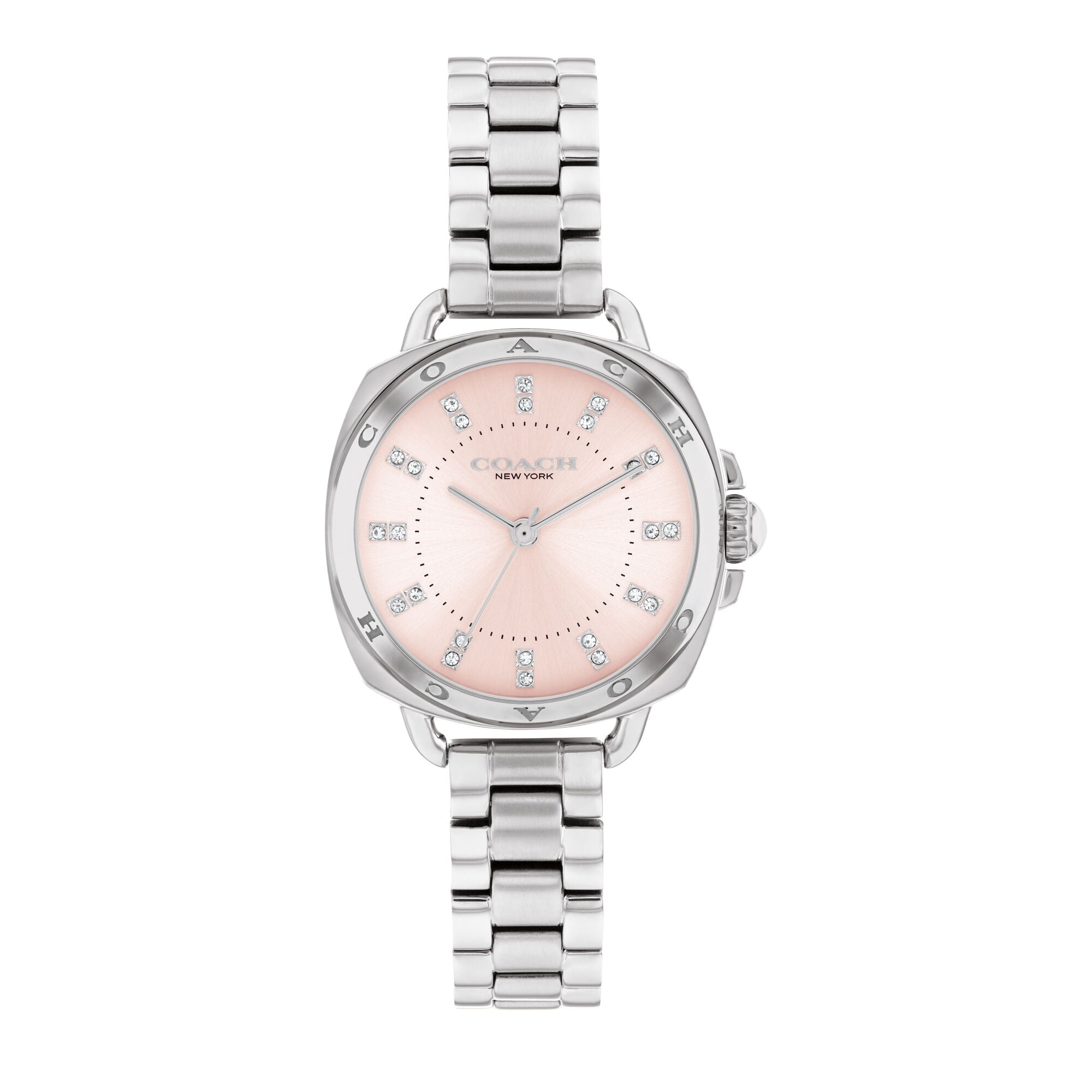 Coach Tatum women's stainless steel quartz watch with pink dial and crystal hour markers