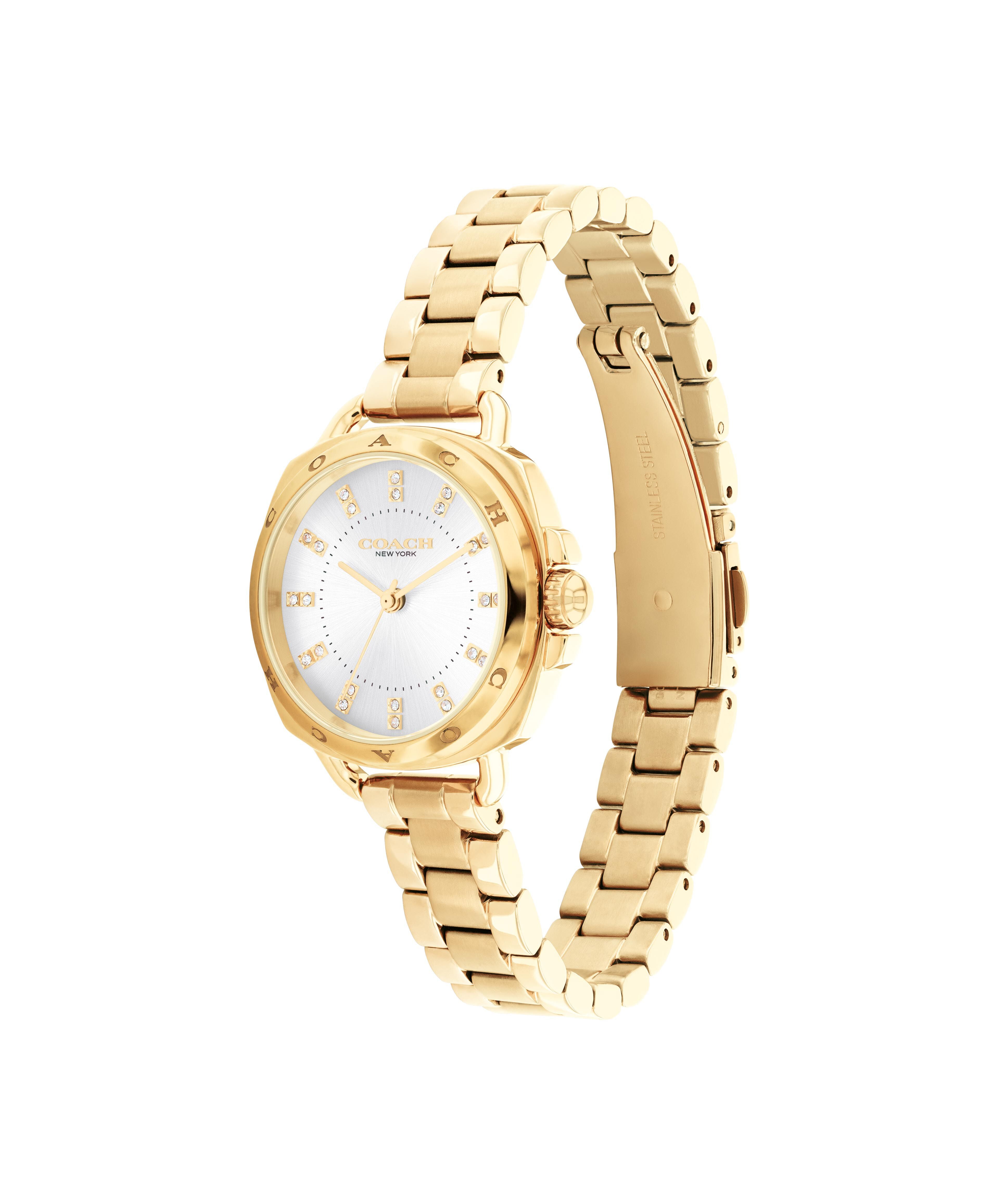 Side profile of Coach Tatum gold-tone watch with silver dial and linked bracelet