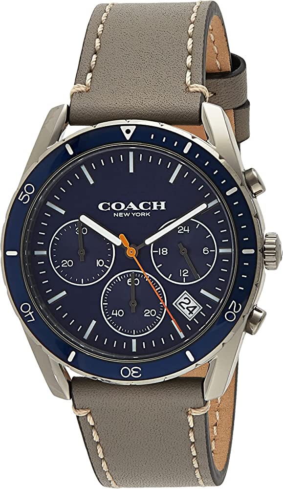 Coach Thompson chronograph watch with blue dial and gray leather strap