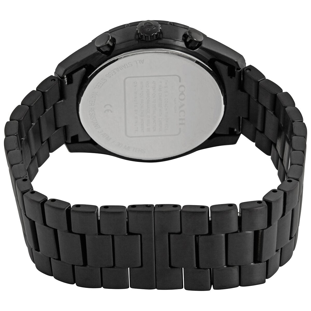 Coach Thompson Chronograph watch caseback showing stainless steel back plate and black link bracelet