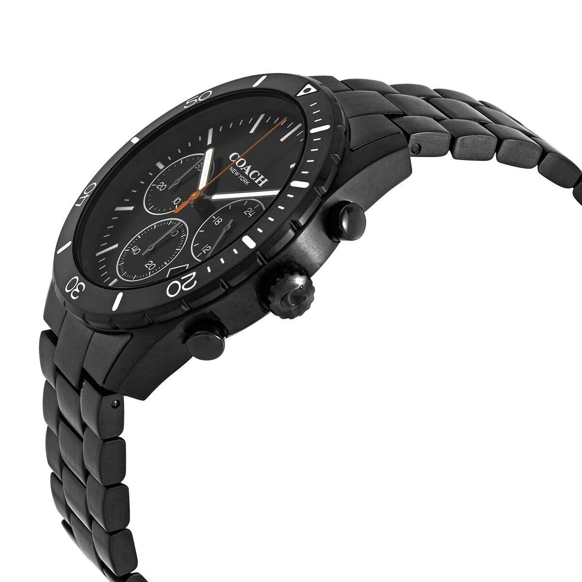 Coach Thompson Chronograph black watch with chronograph pushers, orange hand, and black stainless steel bracelet