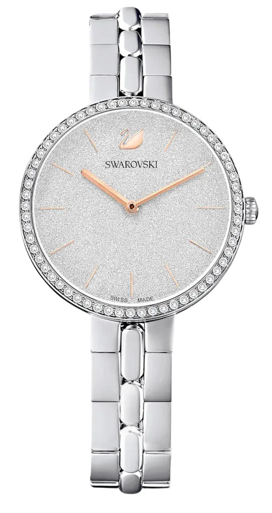 Swarovski watch with silver bracelet and crystal-studded face on a white background
