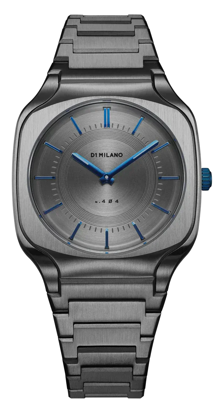 D1 Milano Square titanium watch with silver dial and blue hands on titanium bracelet