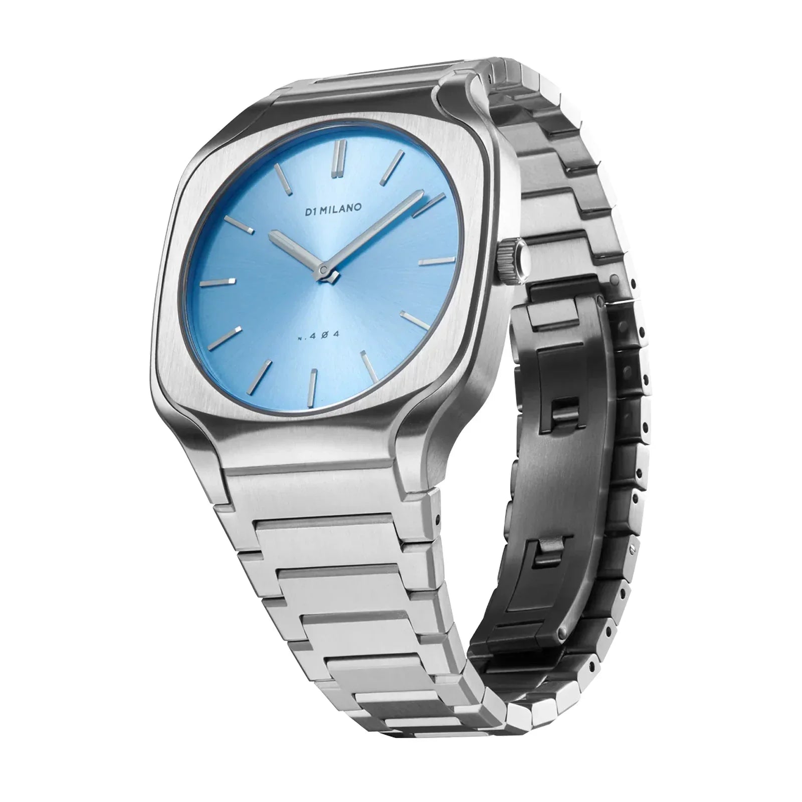 D1 Milano Square Maldives watch showing side angle with blue dial and silver metal bracelet