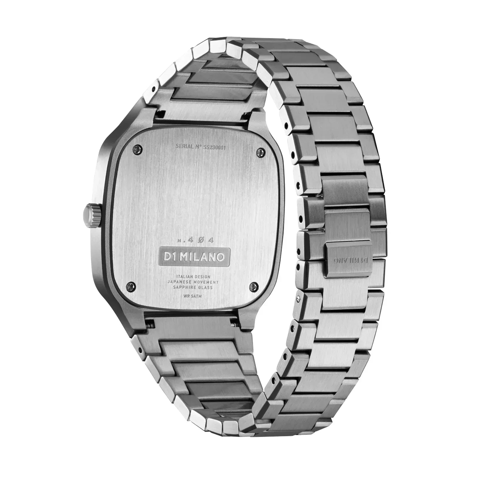 D1 Milano Square Maldives watch caseback showing stainless steel with engraved branding
