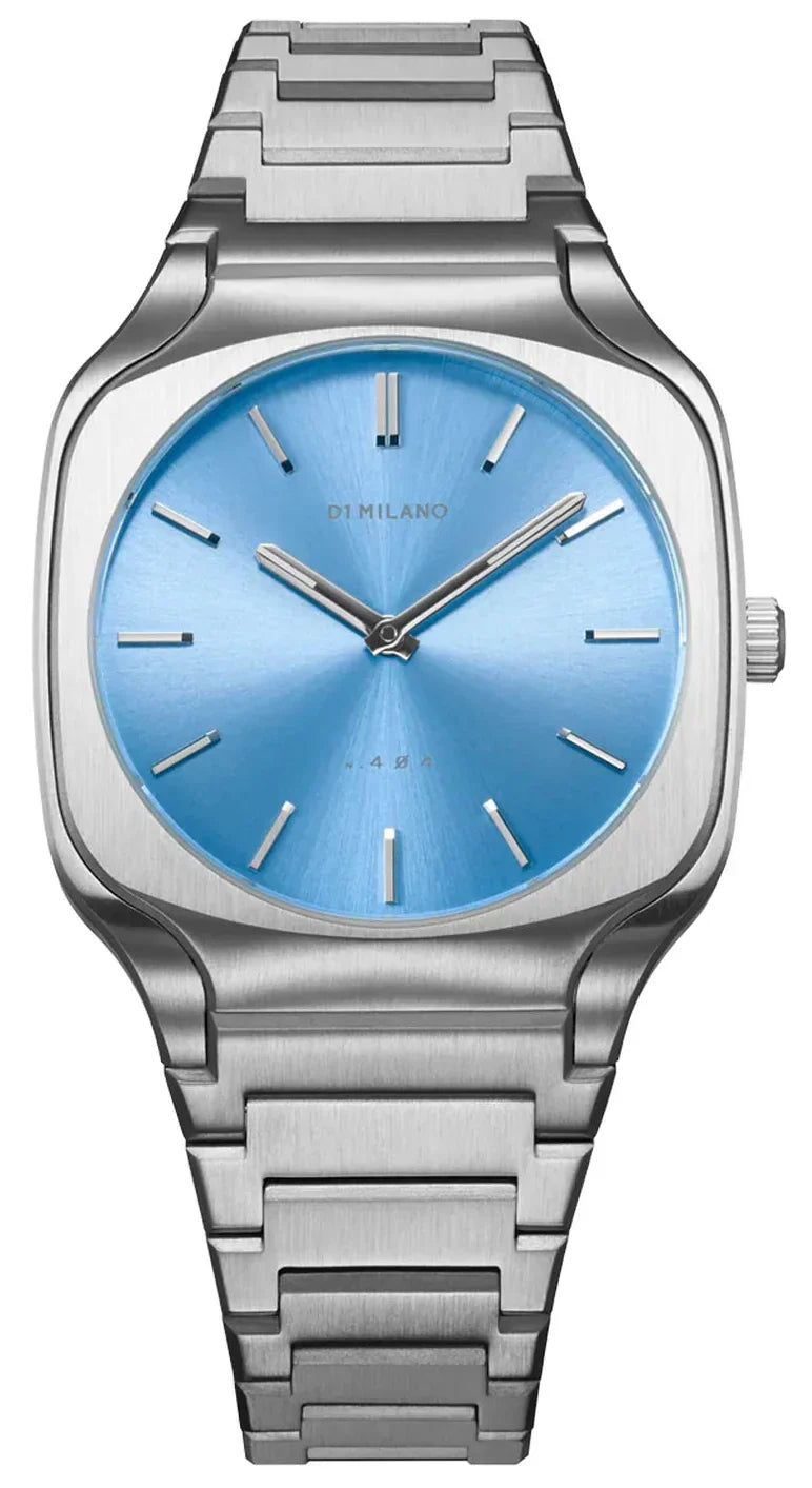 D1 Milano Square Maldives watch with sea blue dial and silver steel strap, front view