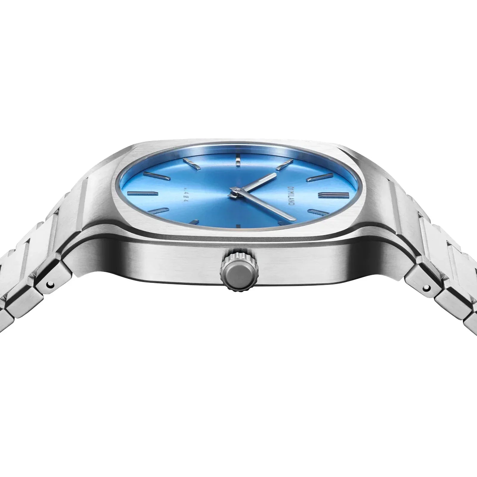 Side profile of D1 Milano Square Maldives watch showing case depth and crown detail