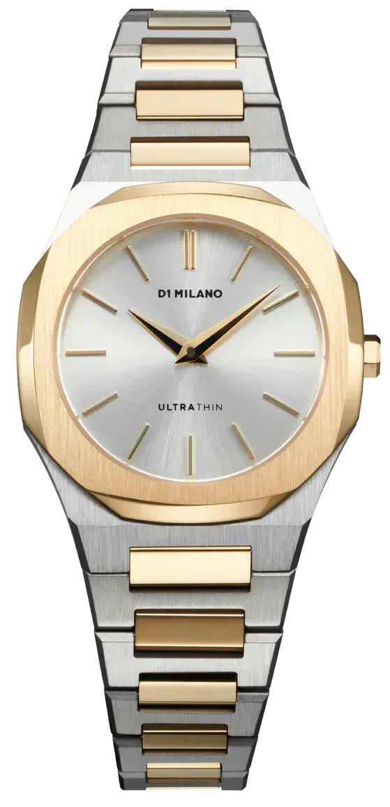 D1 Milano Ultra Thin Edge 30mm watch with silver sunray dial and two-tone stainless steel bracelet