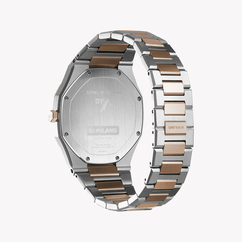 D1 Milano UTBJ01 watch caseback and full bracelet detail showing stainless steel construction
