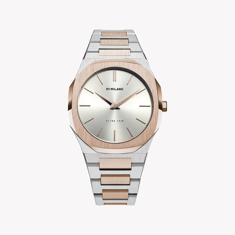 D1 Milano UTBJ01 stainless steel watch with silver dial and two-tone rose gold and silver bracelet