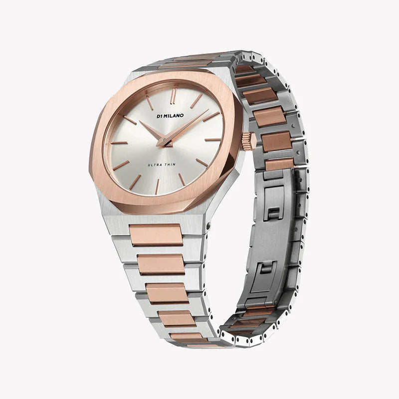 D1 Milano UTBJ01 two-tone watch on wrist showing silver dial and rose gold and silver bracelet