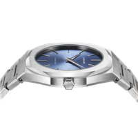 D1 Milano Ultra Thin watch with blue dial shown at angle, silver stainless-steel case
