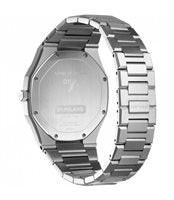 D1 Milano Ultra Thin watch side view showing ultra-thin profile and silver stainless-steel bracelet